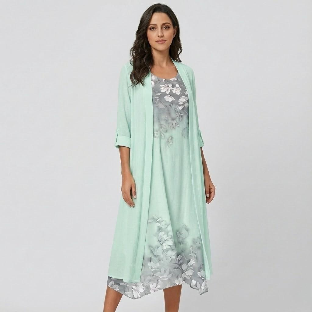 Vestido midi elegante com aplicação floral | Corte fluido | Sofisticação intemporal