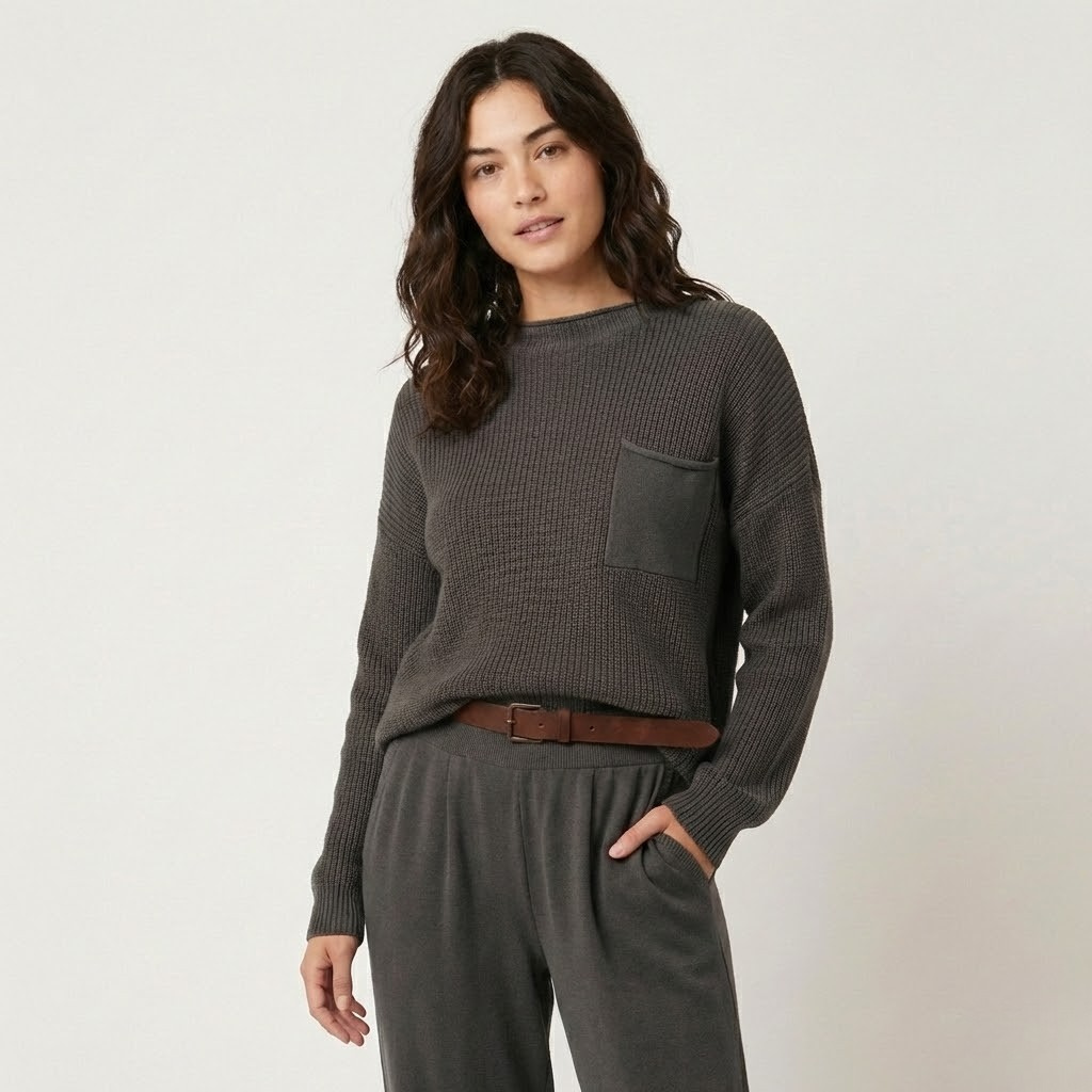 Camisola de malha estruturada em algodão | Corte descontraído | Bolso frontal discreto