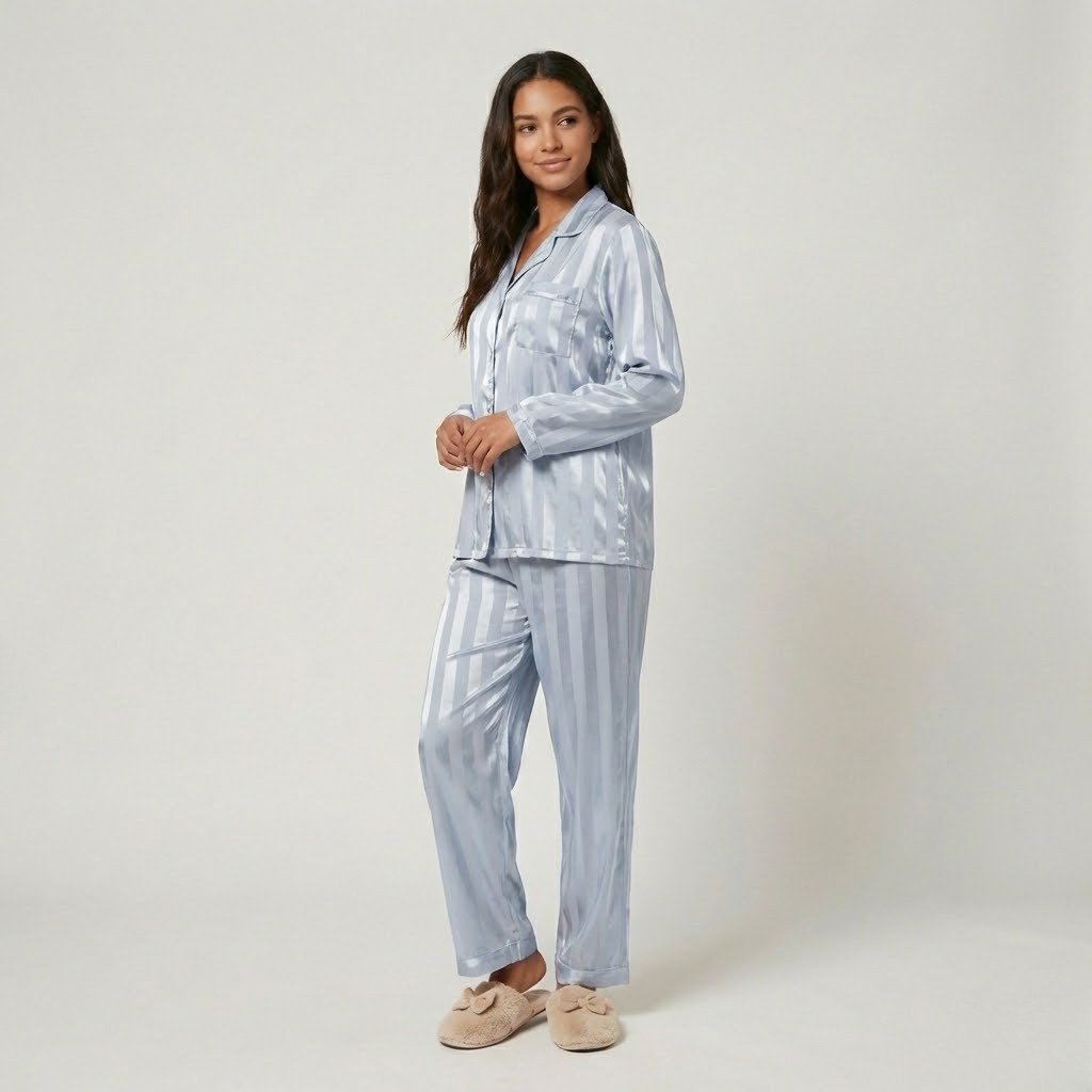 Conjunto pijama acetinado com padrão riscado | Corte fluido | Elegância relaxada