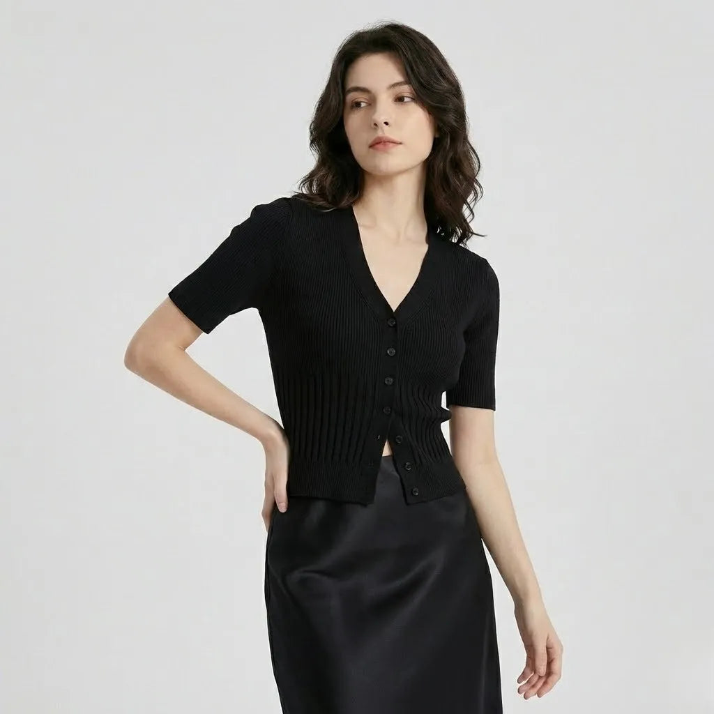 Cardigan canelado em malha de viscose | Corte ajustado | Elegância natural