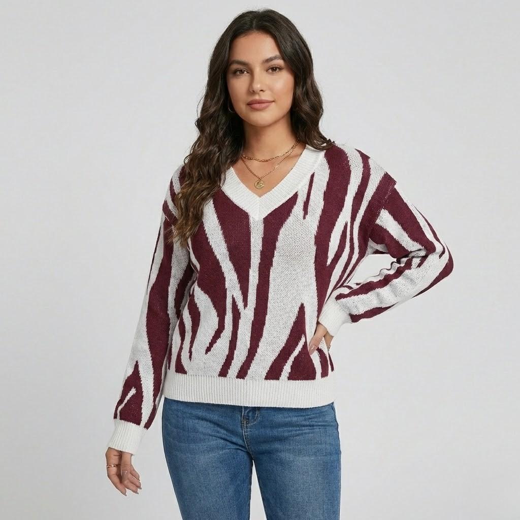 Camisola de malha estampada expressiva | Corte regular | Decote em V moderno