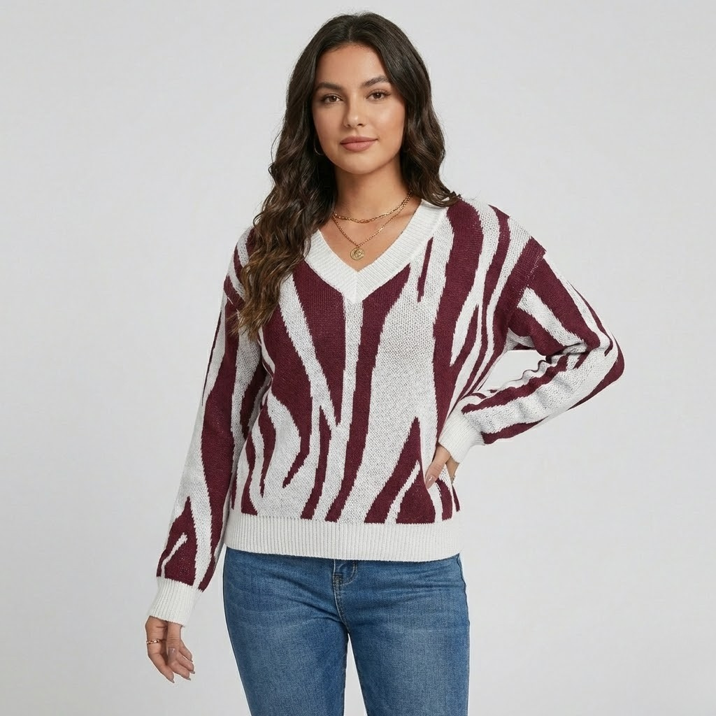 Camisola de malha estampada expressiva | Corte regular | Decote em V moderno