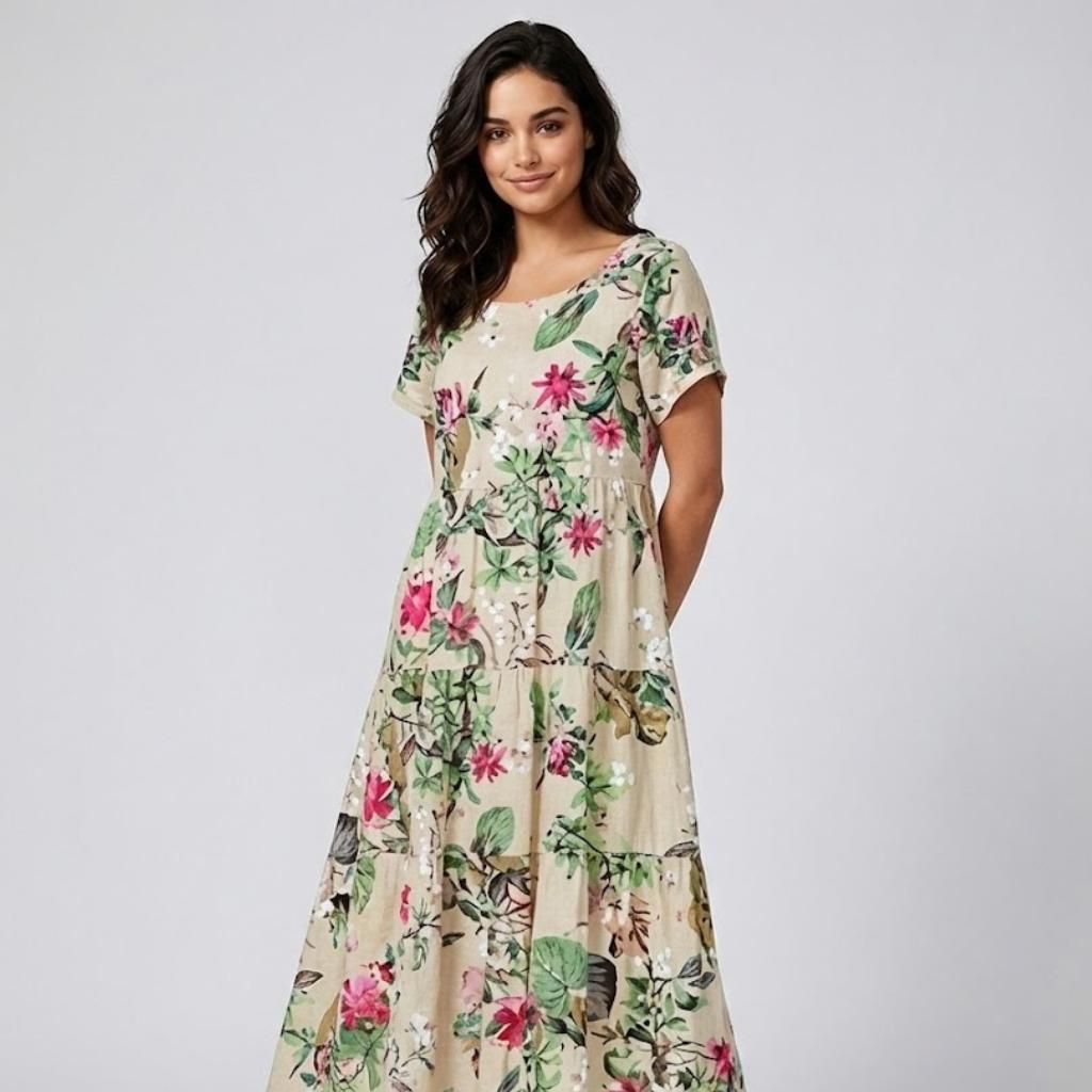 Vestido fluido com estampado floral em mistura de linho | Corte evasé | Leveza natural para o dia-a-dia