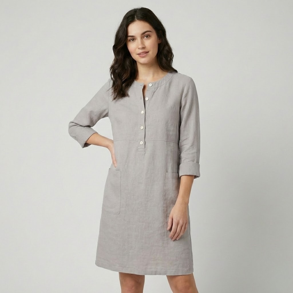 Vestido midi em linho natural | Corte direito | Elegância intemporal