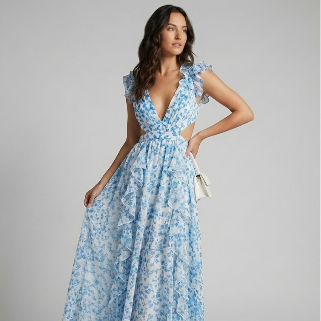 Vestido maxi elegante em tecido fluido | Corte cintado | Detalhes românticos