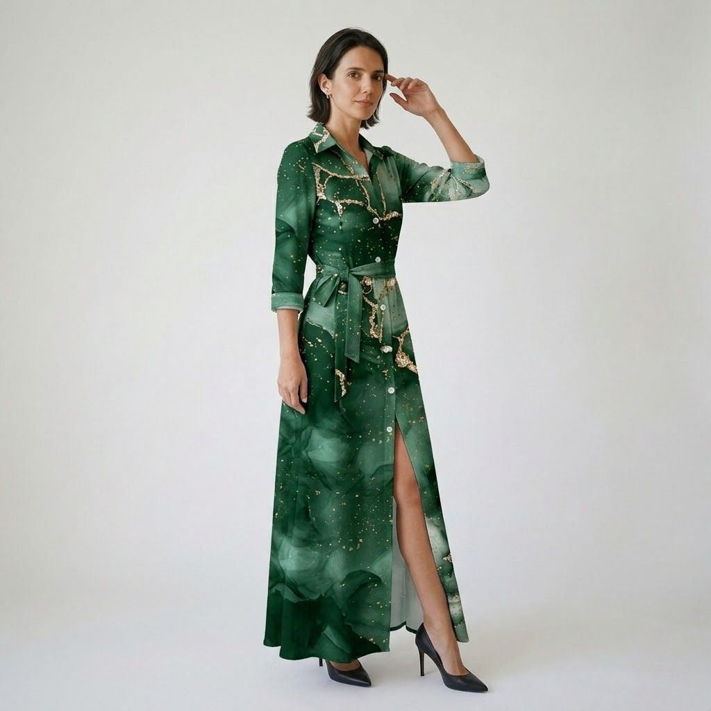 Vestido camiseiro comprido em riscas com cinto ajustável