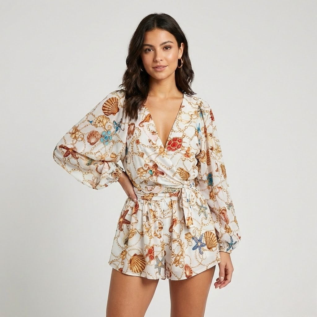 Macacão curto fluido com estampado tropical | Corte solto | Espírito de verão