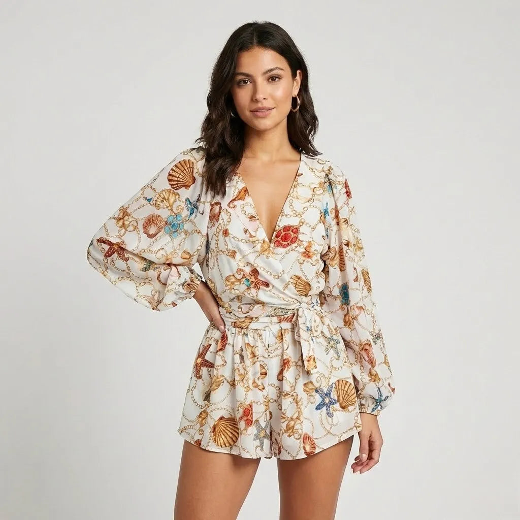 Macacão curto fluido com estampado tropical | Corte solto | Espírito de verão