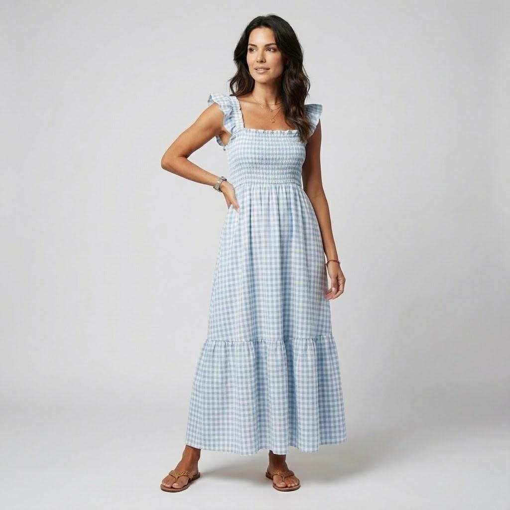 Vestido midi com padrão vichy em mistura de algodão | Corte cintado | Elegância leve de verão