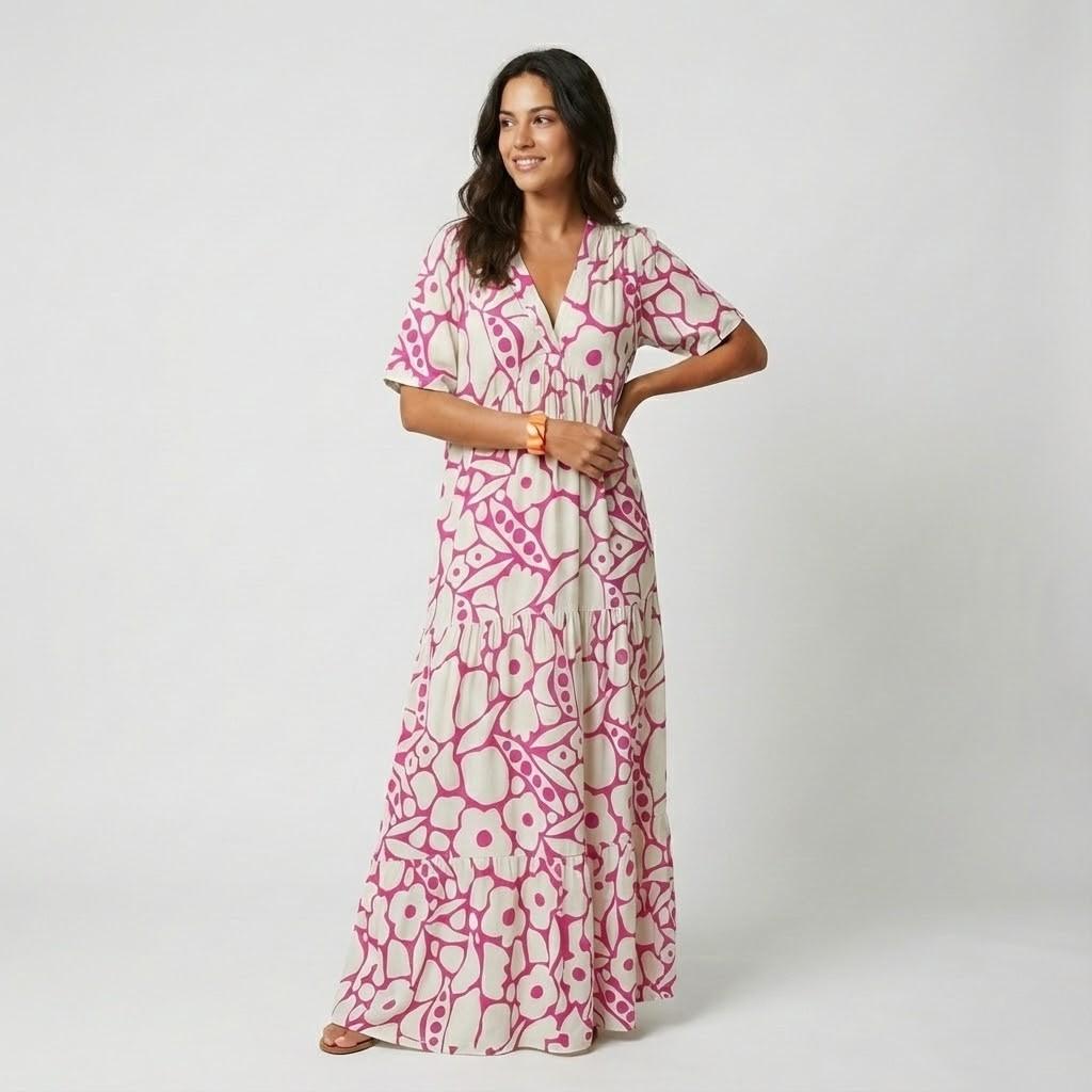 Vestido midi fluido em viscose | Corte solto com decote em V | Frescura de verão