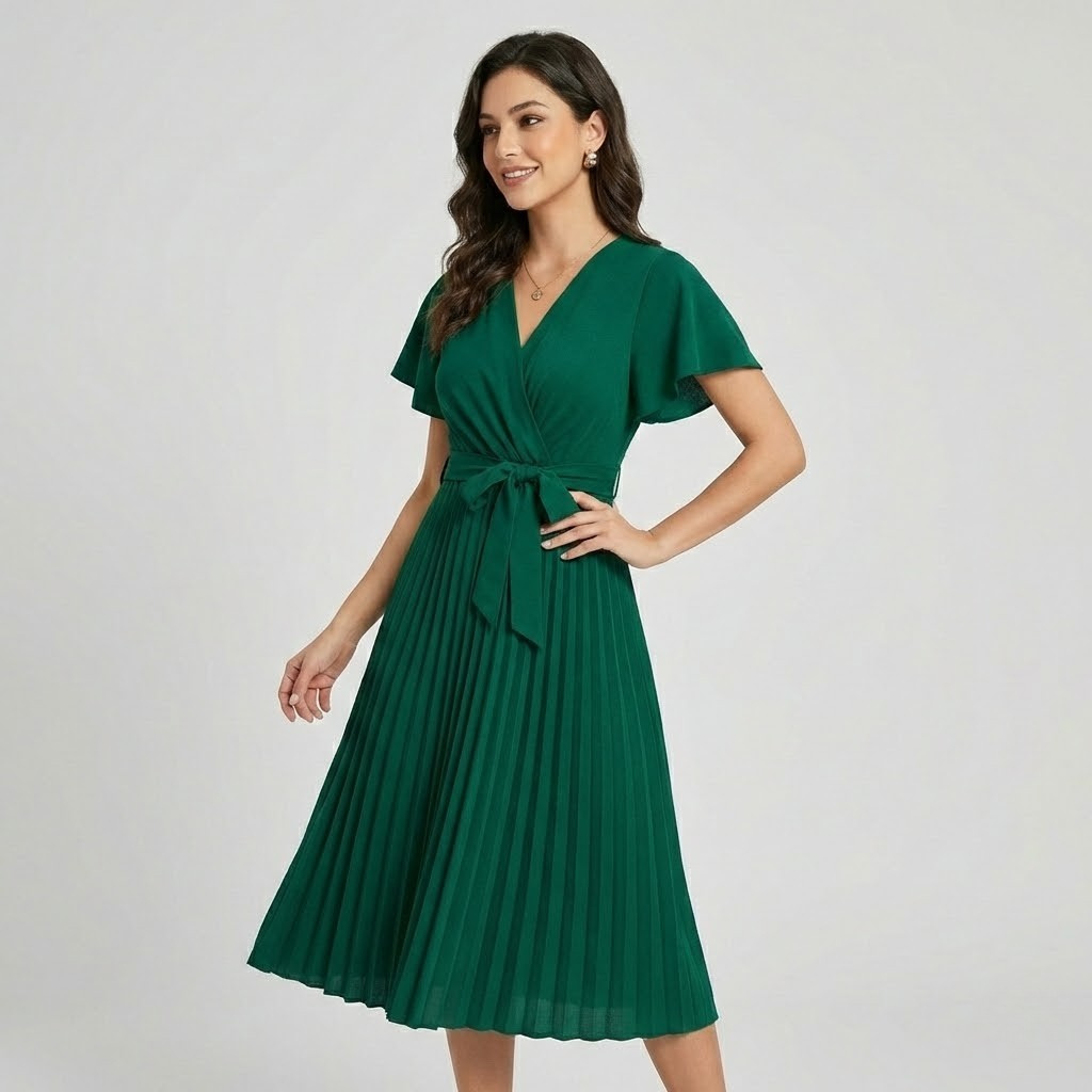 Vestido midi plissado em mistura de viscose | Cintura com laço | Elegância feminina