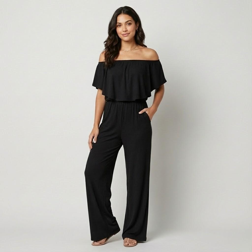 Macacão fluido off-shoulder em mistura leve | Corte solto | Elegância descontraída