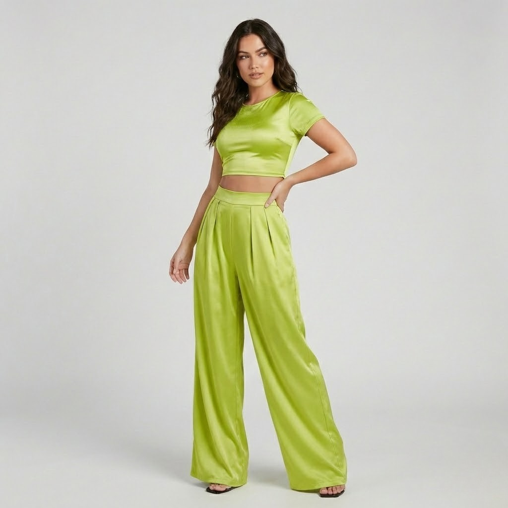 Set fluido contemporâneo | Top curto e calças largas | Elegância moderna