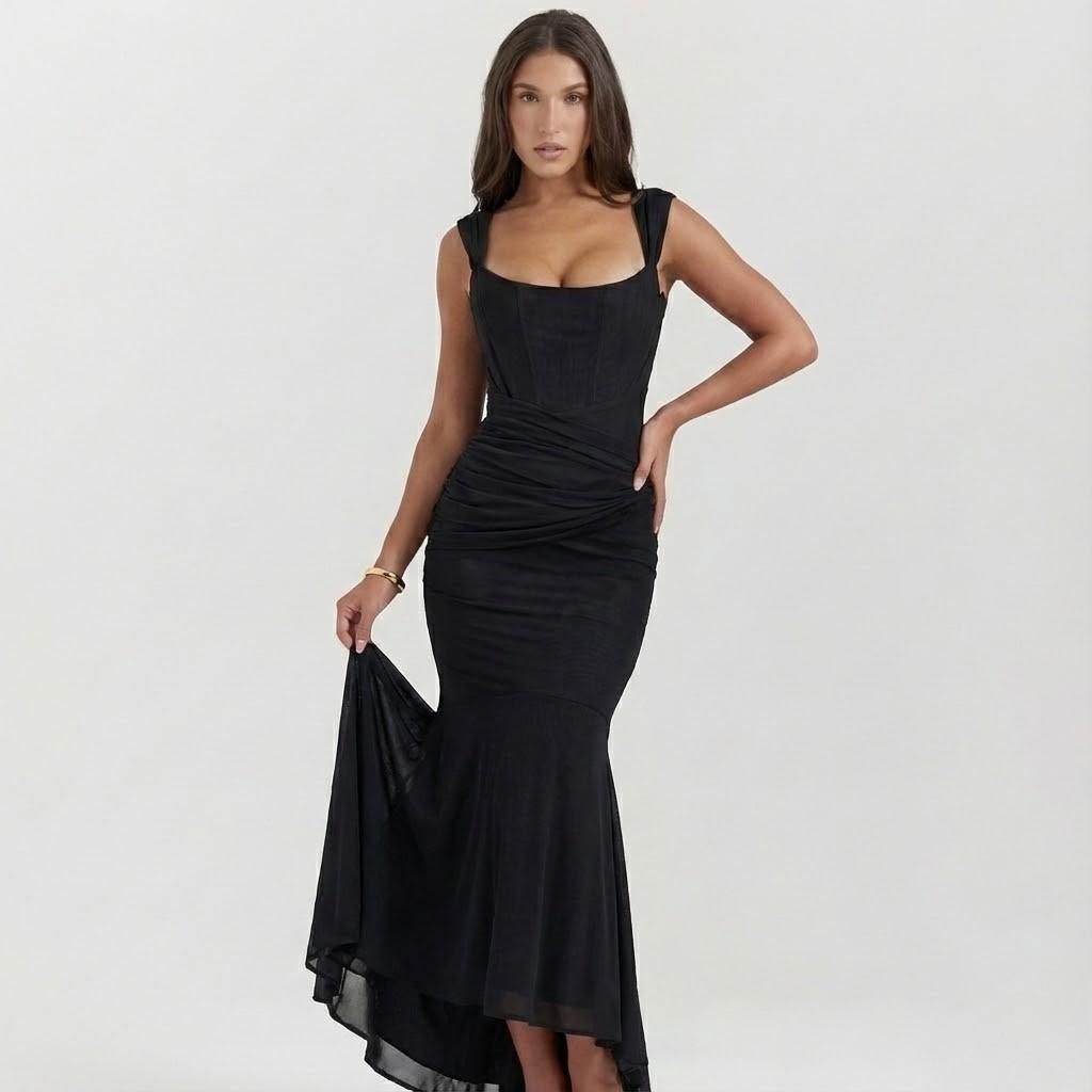 Vestido midi fluido em mistura leve | Corte cintado | Comprimento assimétrico elegante