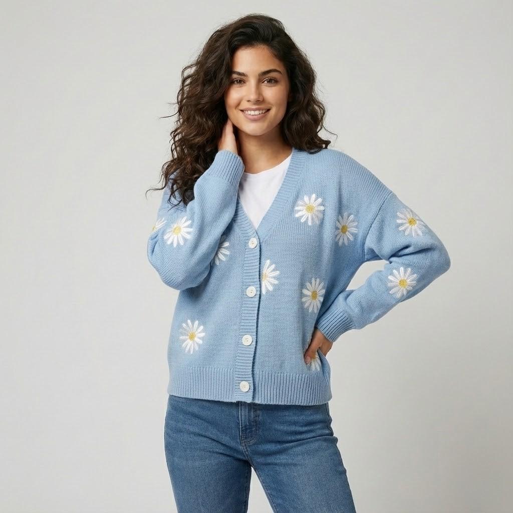 Cardigan Feminino em Malha com Botões e Padrão Floral