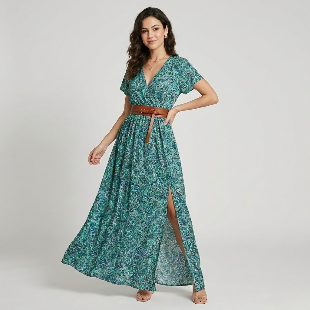 Vestido longo fluido em tecido leve | Corte cintado | Racha lateral elegante