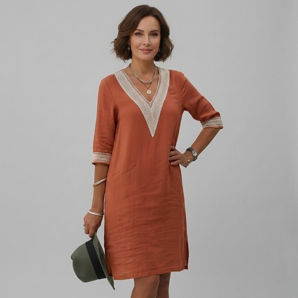 Vestido feminino casual em corte direito com decote em V