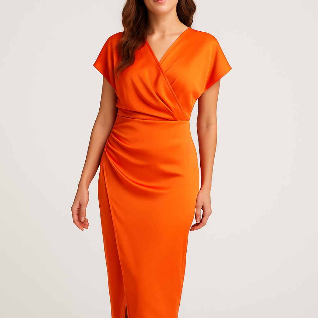 Vestido midi feminino com decote cruzado e corte elegante