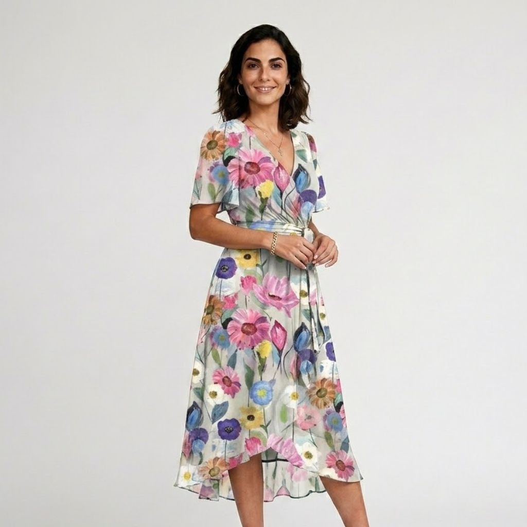 Vestido Midi Fluido com Decote Cruzado e Manga Leve