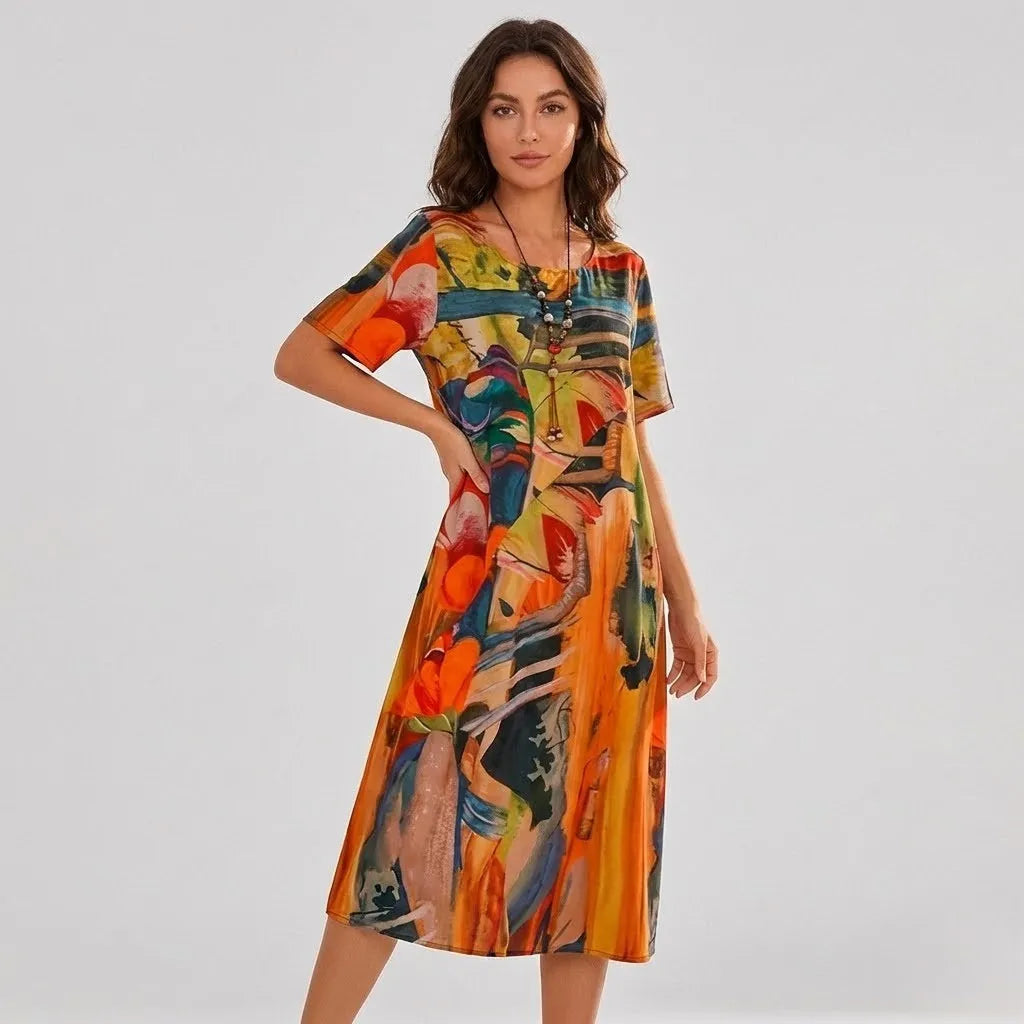 Vestido Midi Solto | Estampado Artístico | Viscose
