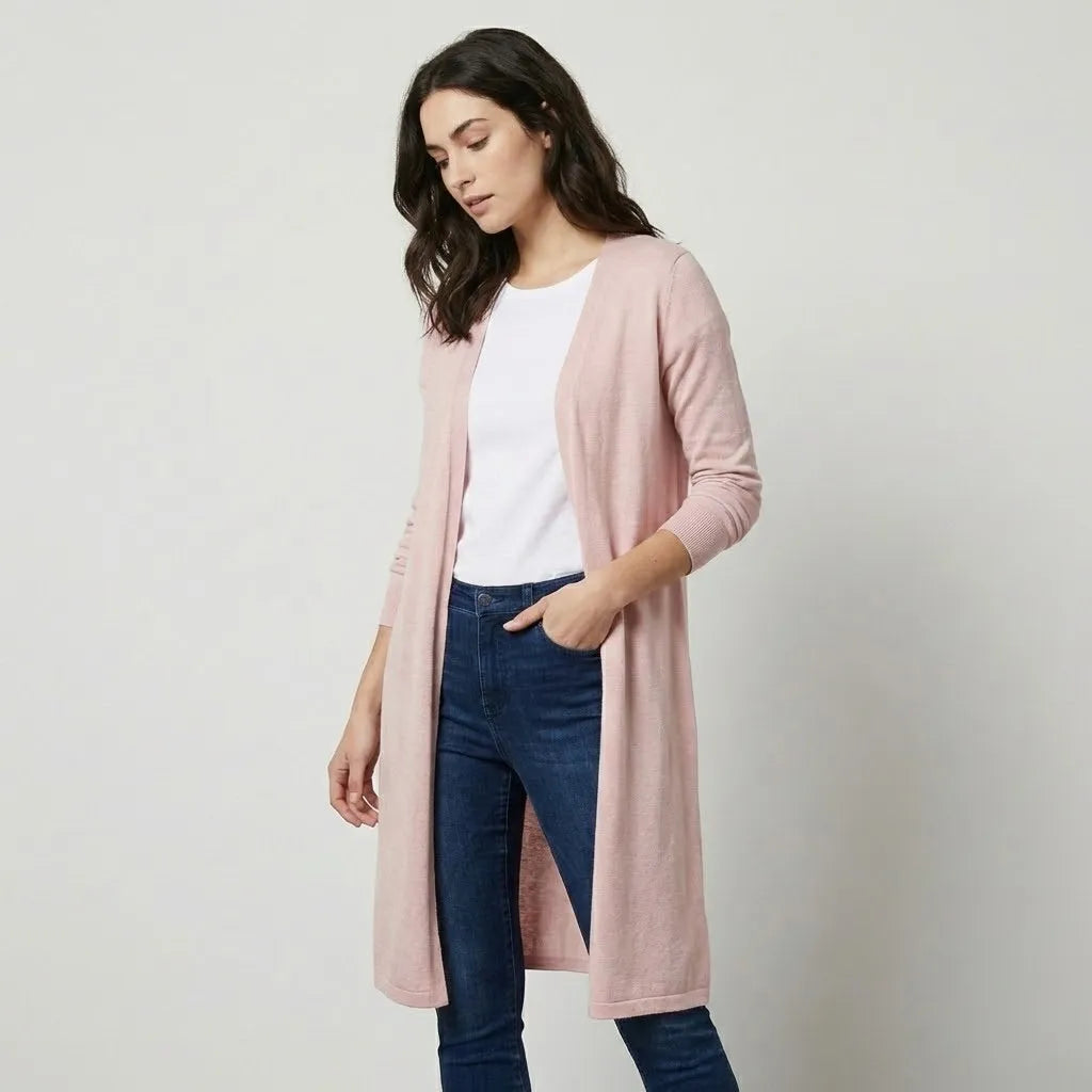 Casaco cardigan leve em malha fluida | Corte alongado | Elegância descontraída