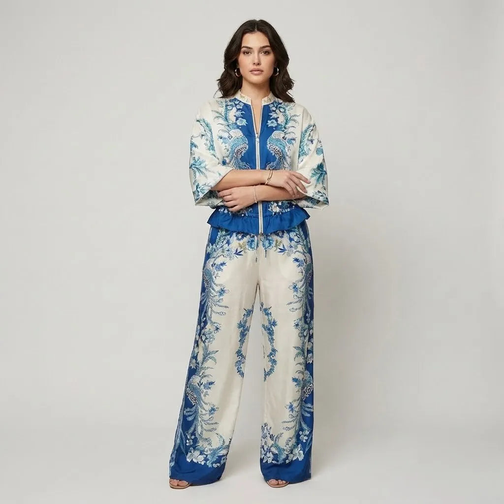 Conjunto estampado fluido em mistura leve | Blusa solta e calças largas | Elegância sofisticada