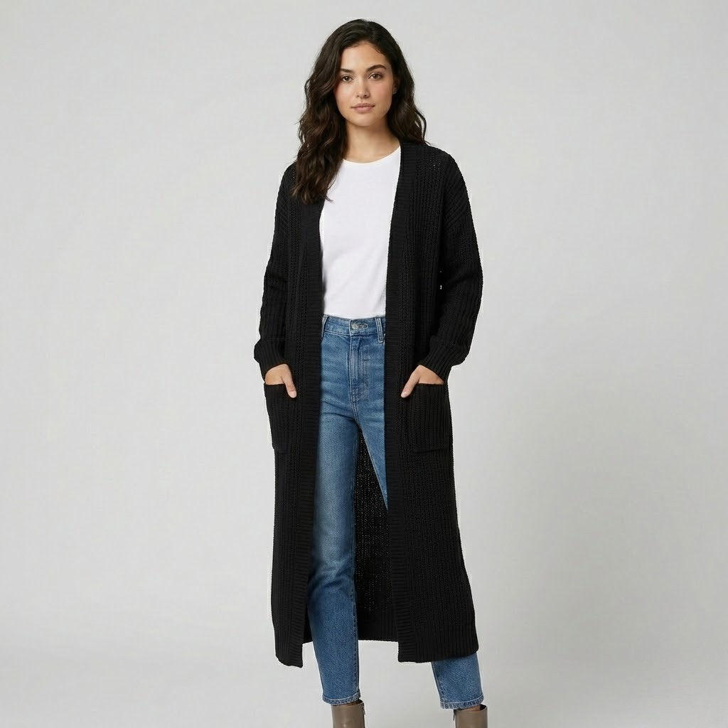 Cardigan longo em malha texturada | Corte solto | Estilo urbano elegante
