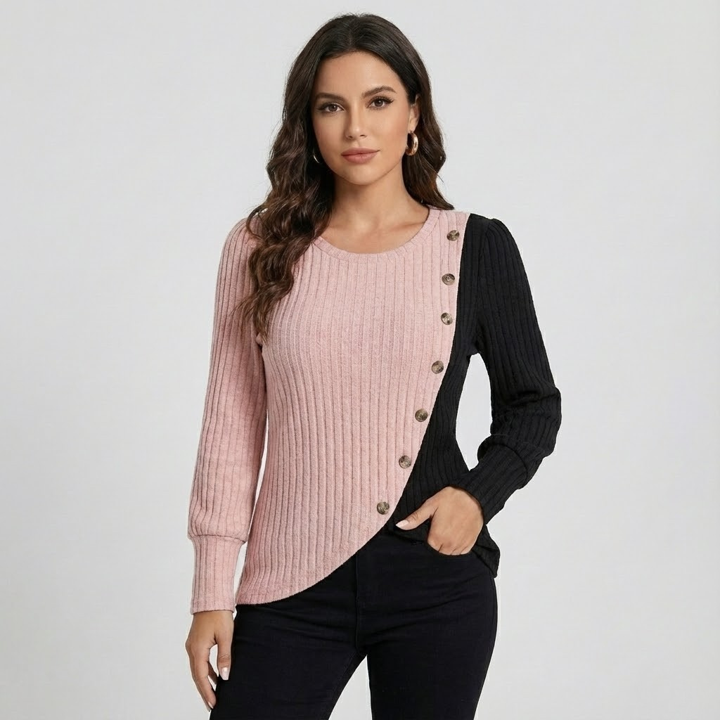 Camisola de malha assimétrica em mistura de algodão | Corte fluido | Detalhe de botões decorativos