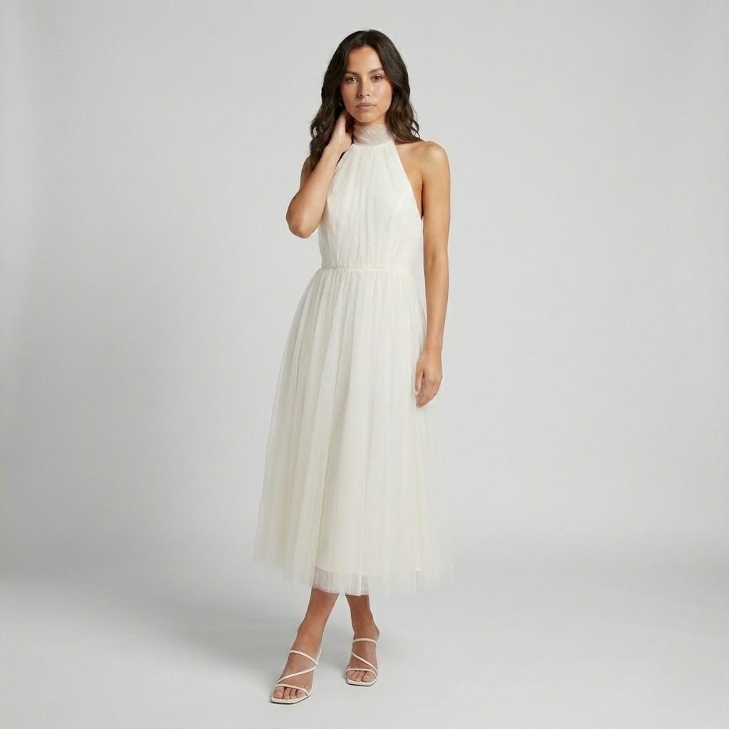 Vestido elegante de gola halter em tecido fluido | Corte midi | Silhueta leve e sofisticada