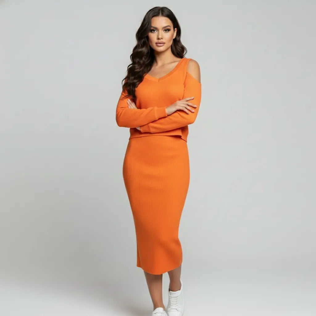 Conjunto elegante em mistura suave | Saia midi e sweatshirt curta | Estilo urbano sofisticado