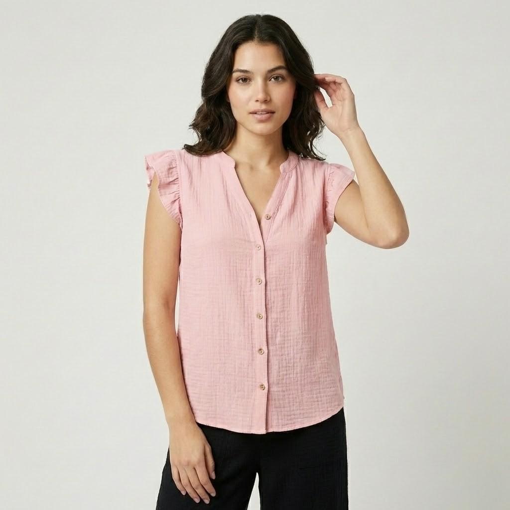 Blusa fluida em mistura de algodão | Corte descontraído | Decote em V com botões