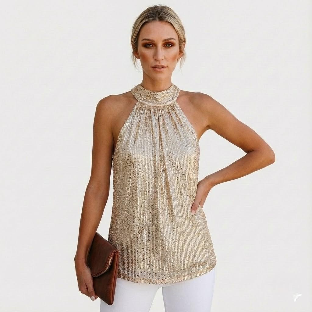 Top feminino elegante com gola halter e acabamento delicado