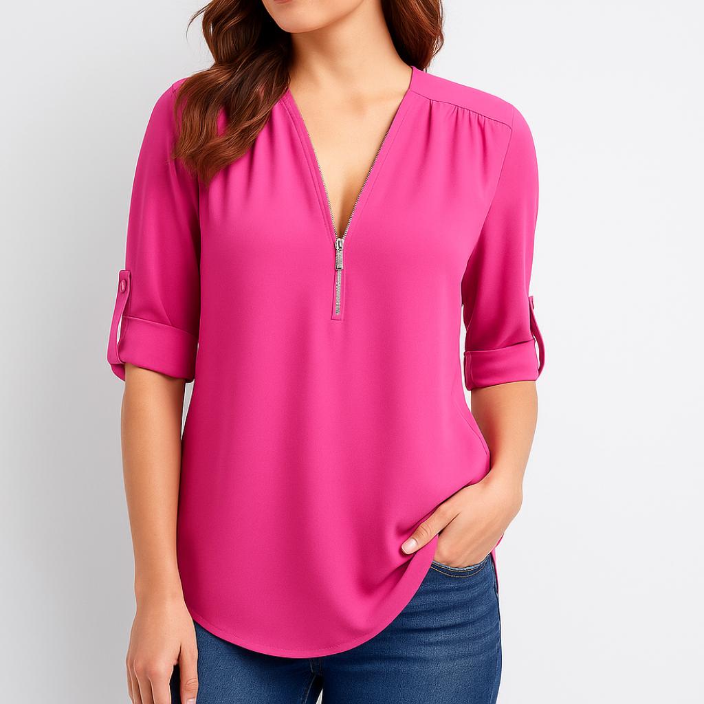 Blusa feminina fluida com decote em V e mangas dobradas