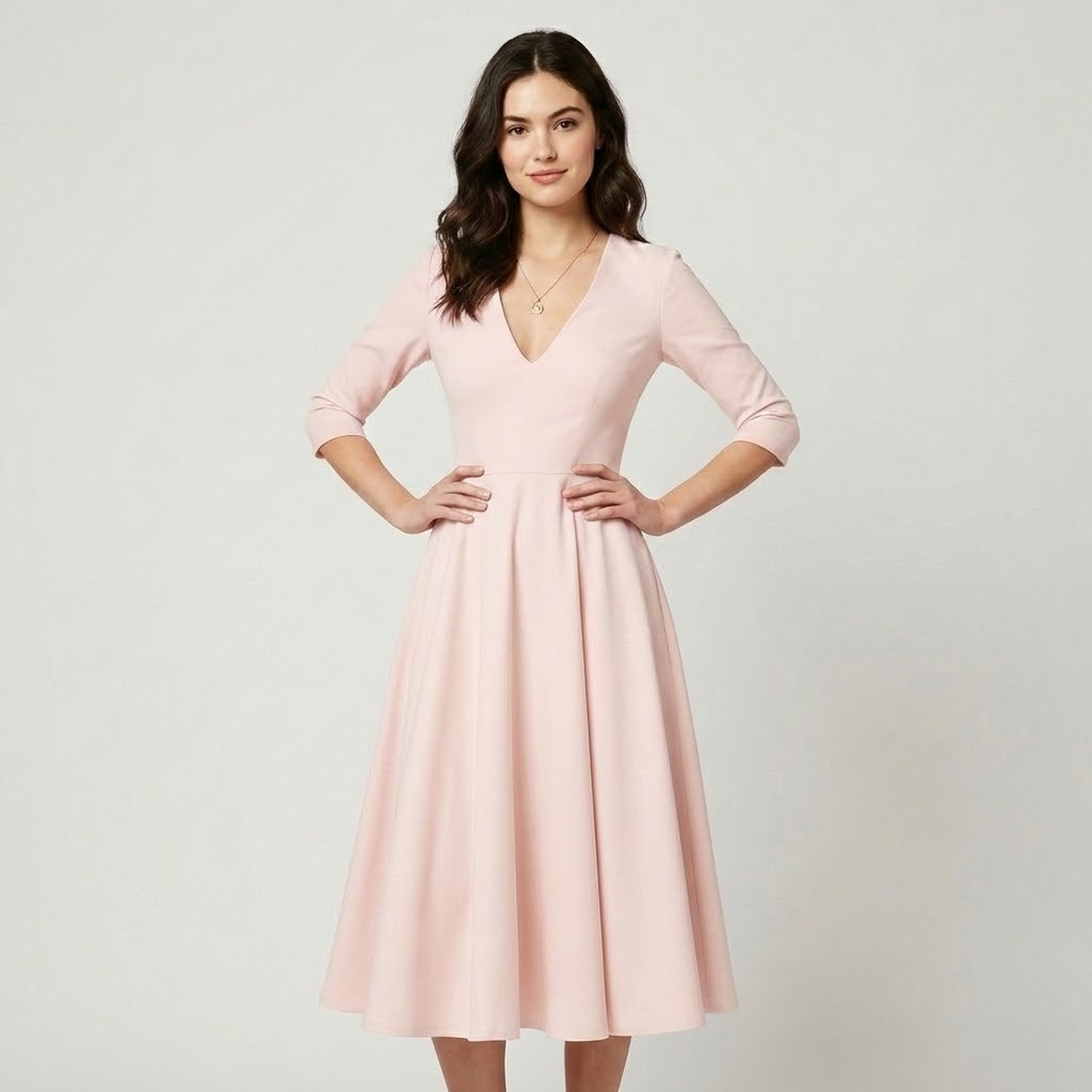 Vestido midi fluido em mistura de viscose | Cintura marcada | Decote em V elegante