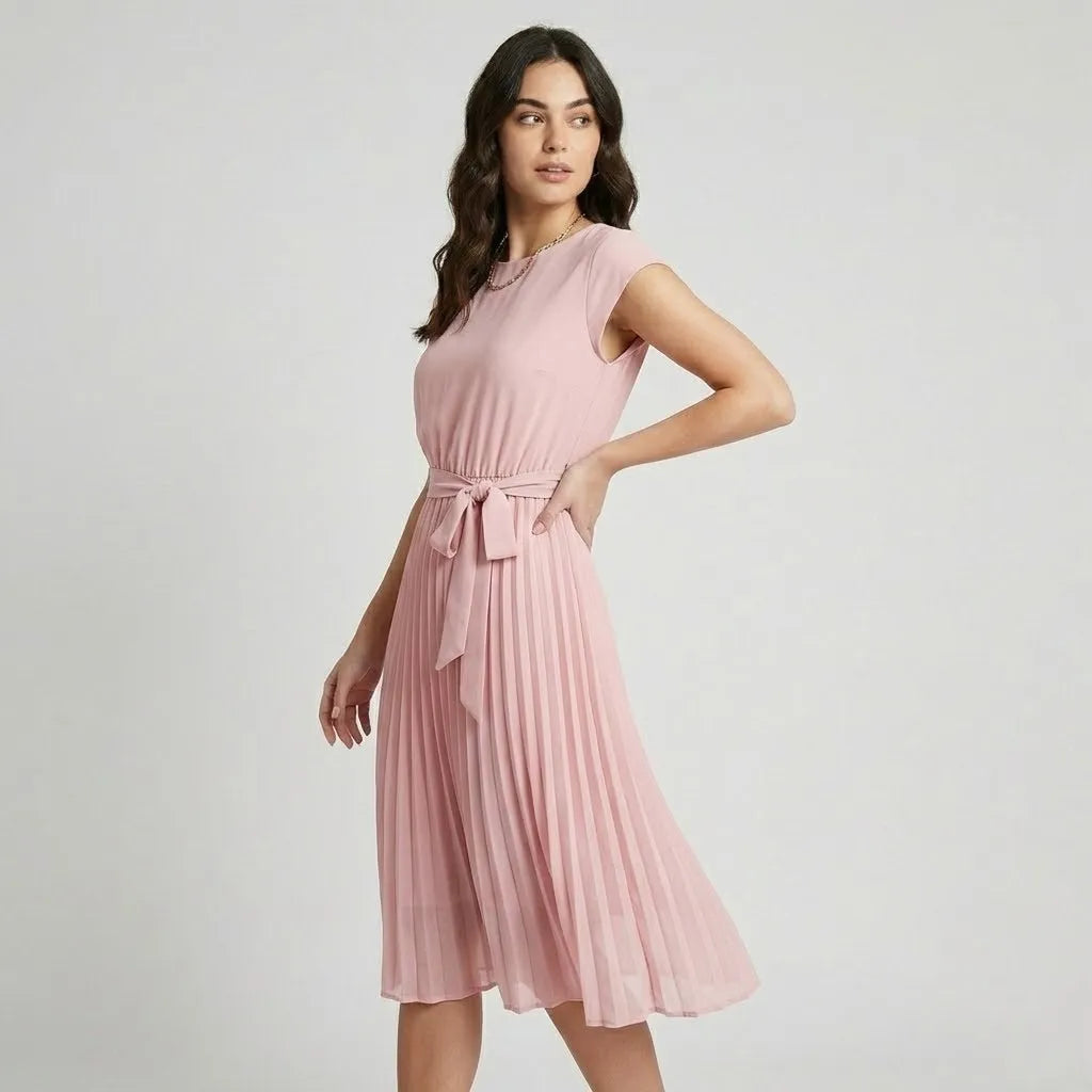 Vestido midi plissado em mistura de viscose | Cintura ajustável | Elegância versátil