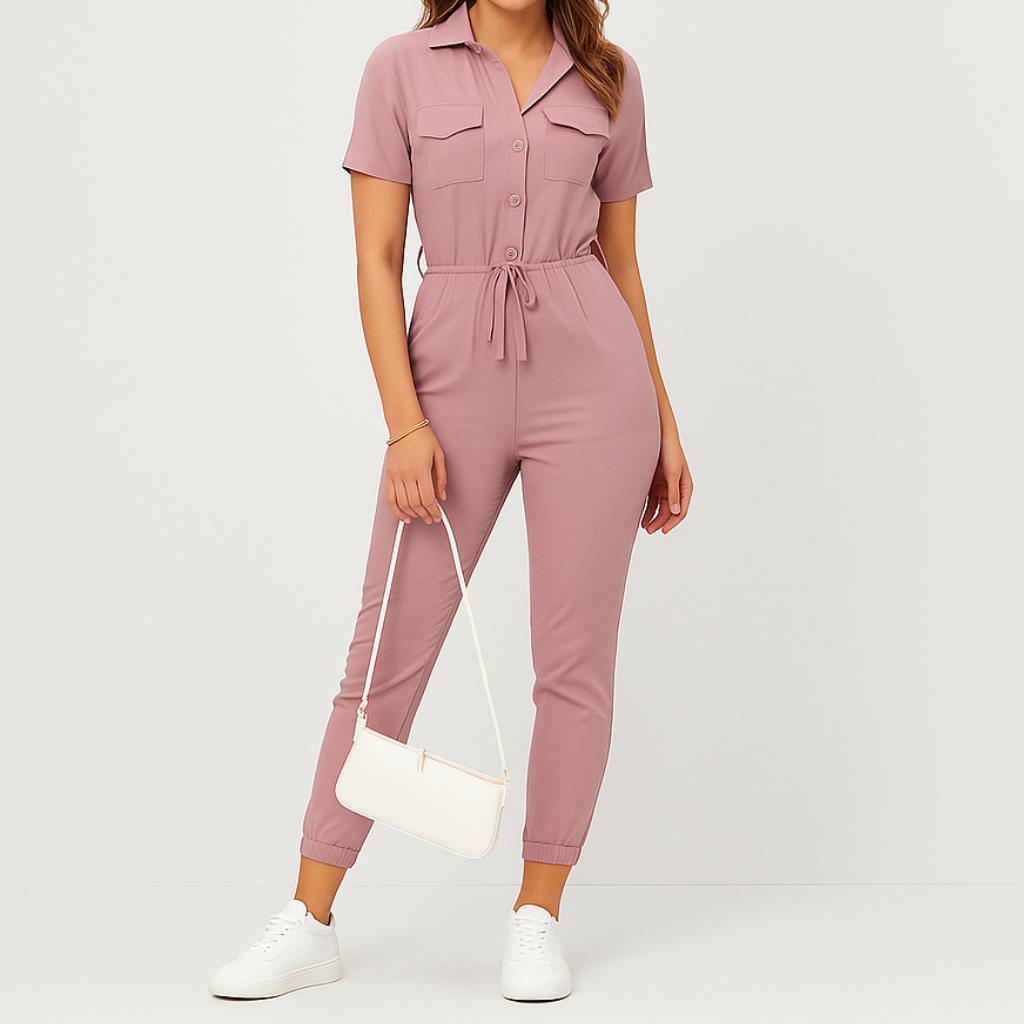 Macacão feminino de manga curta com cintura ajustável