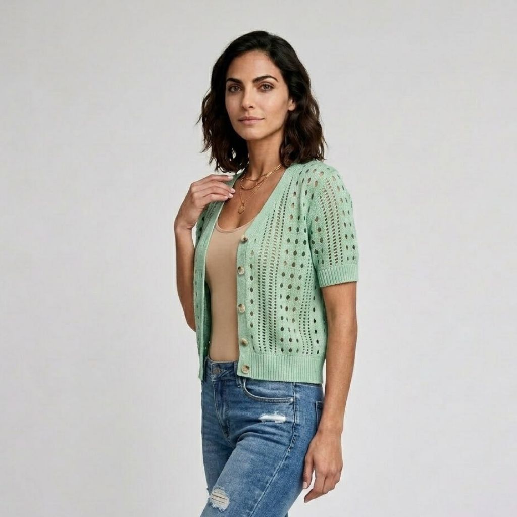 Cardigan Curto em Malha Perfurada com Botões para Look Leve