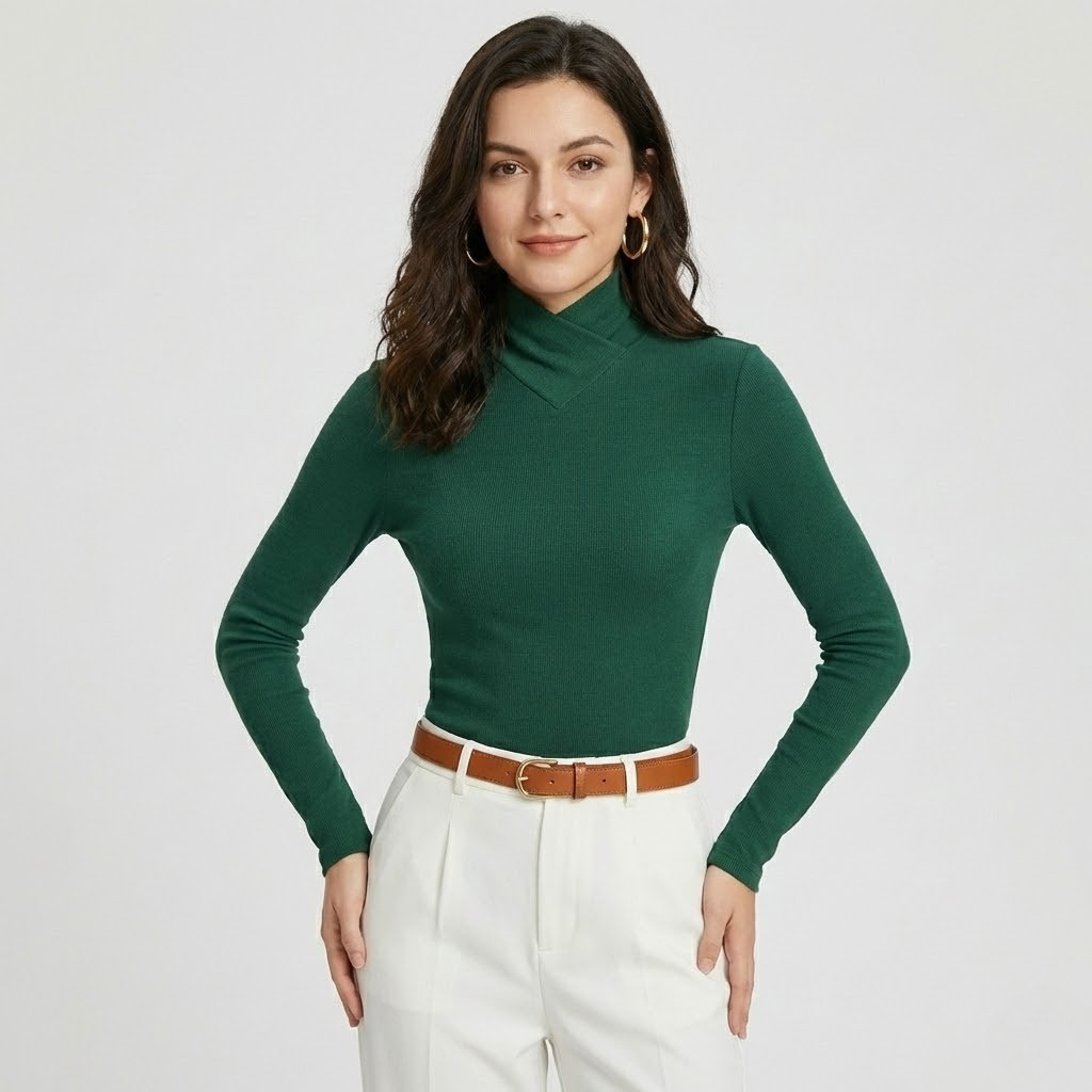 Camisola de malha fina em mistura de viscose | Corte ajustado | Gola estruturada elegante