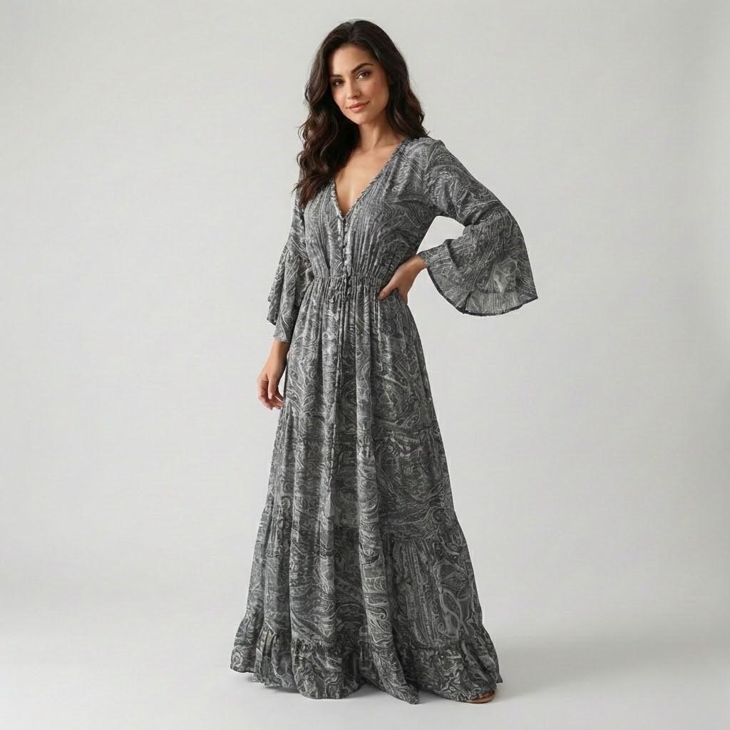 Vestido longo boémio em mistura de viscose | Cintura marcada | Elegância fluida