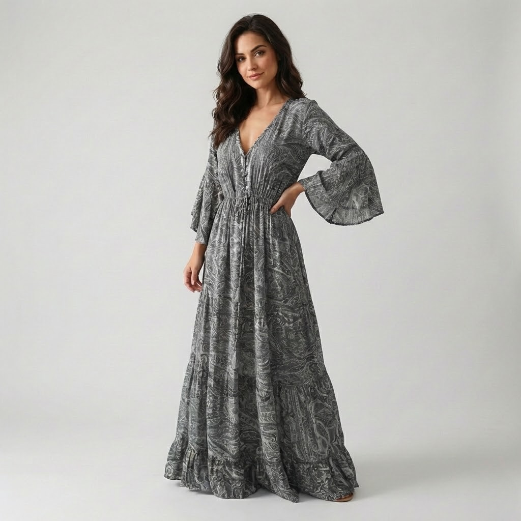 Vestido longo boémio em mistura de viscose | Cintura marcada | Elegância fluida