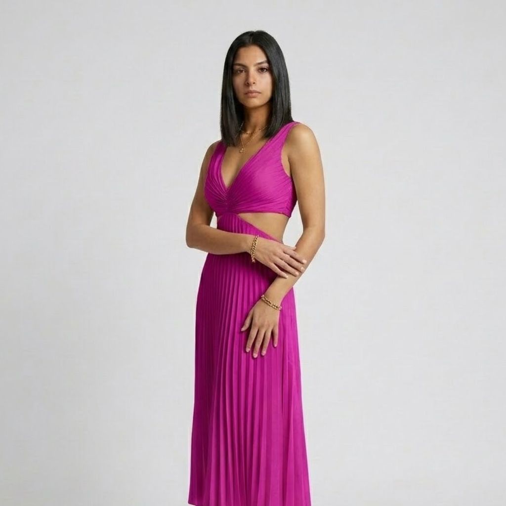 Vestido Midi Fluido com Decote Profundo e Recortes Laterais Elegantes