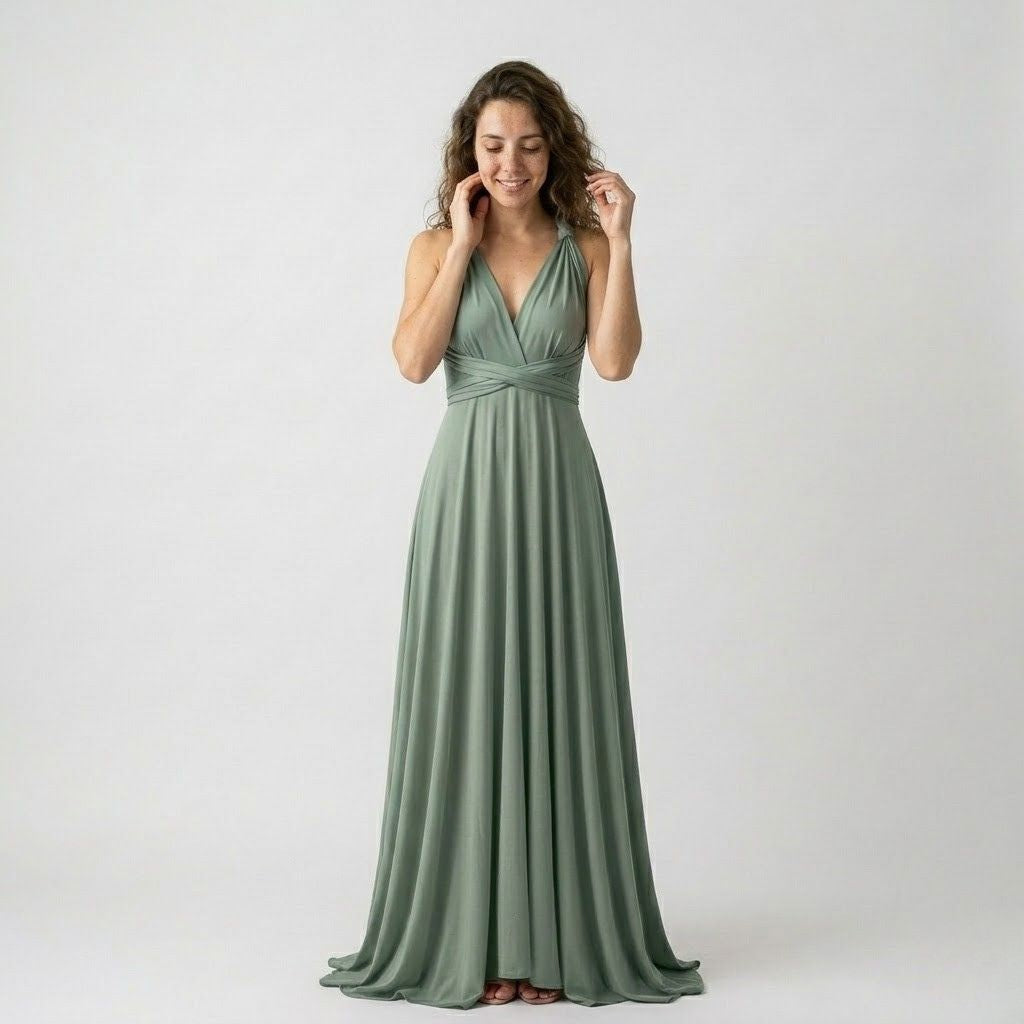 Vestido comprido fluido com decote halter e efeito drapeado
