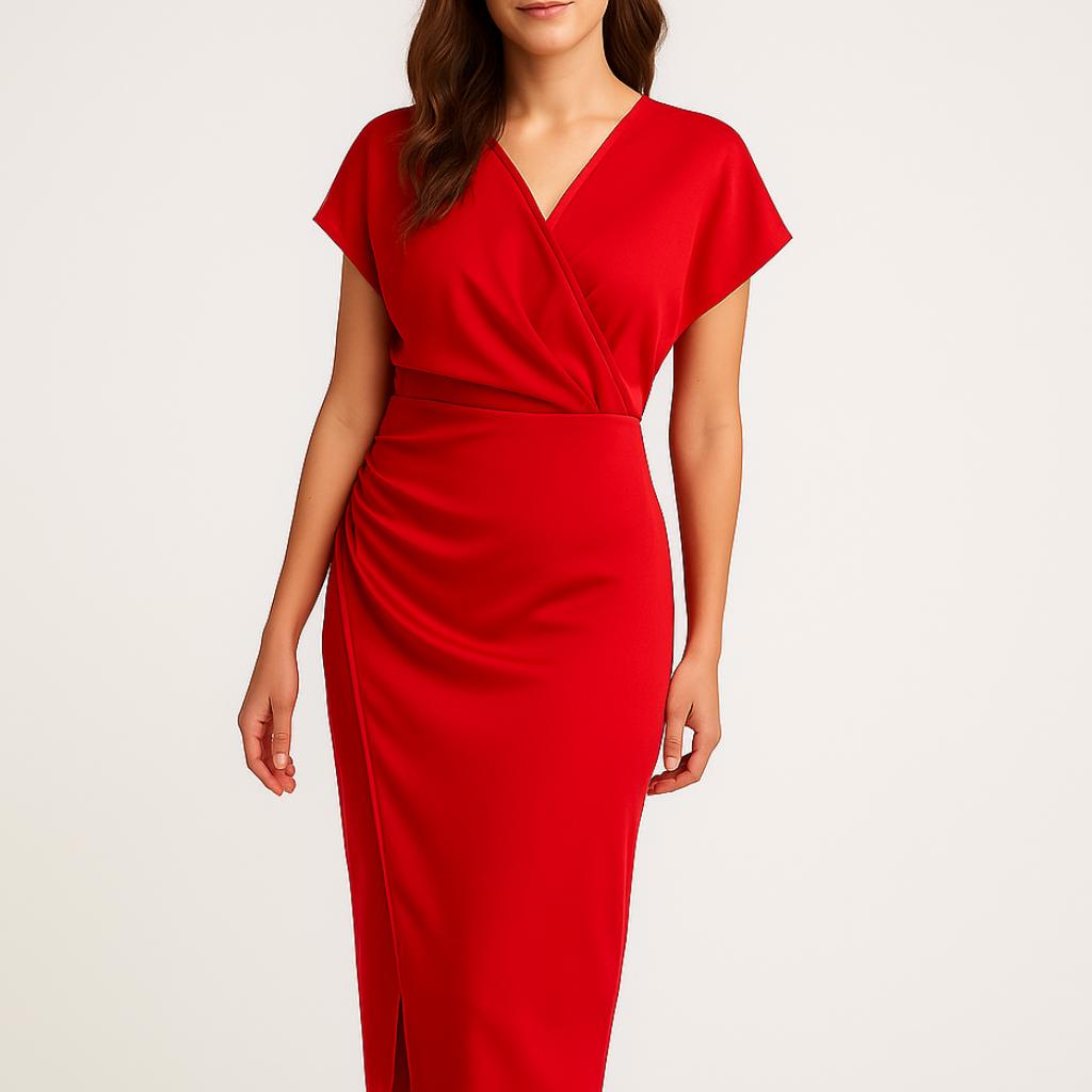 Vestido midi feminino com decote cruzado e corte elegante