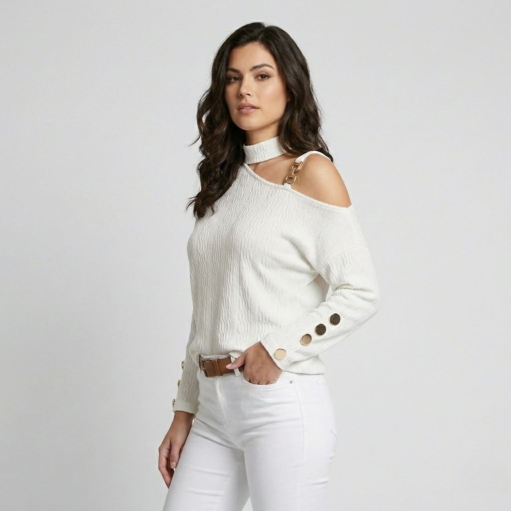 Camisola de malha texturada com decote assimétrico | Corte descontraído | Detalhe de alça com fivela