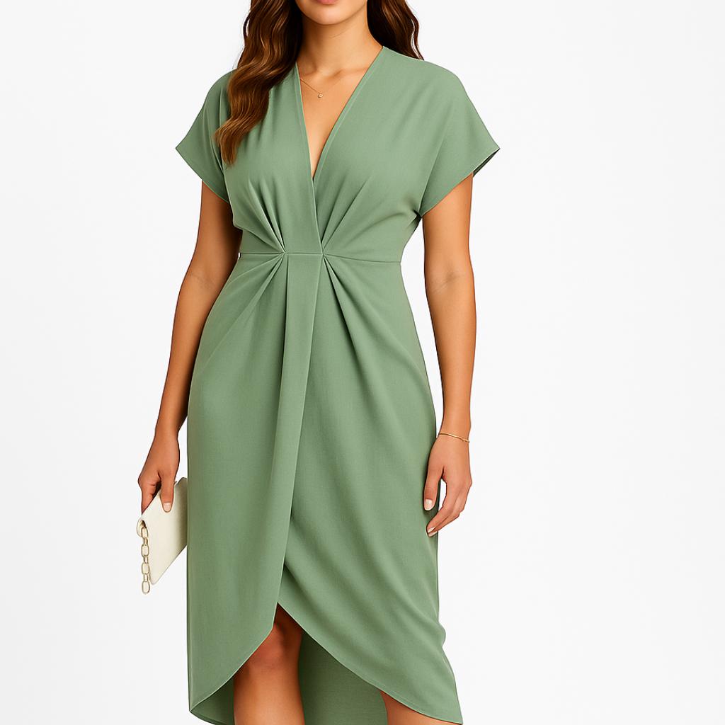 Vestido midi elegante com decote em V e abertura frontal