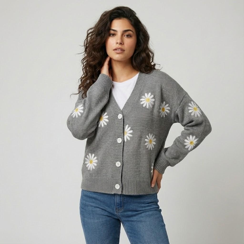 Cardigan Feminino em Malha com Botões e Padrão Floral