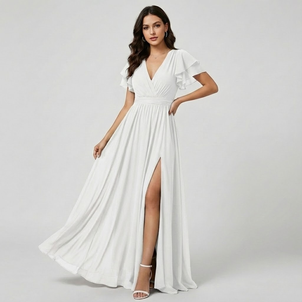 Vestido longo elegante em tecido fluido | Decote em V | Detalhe de folhos