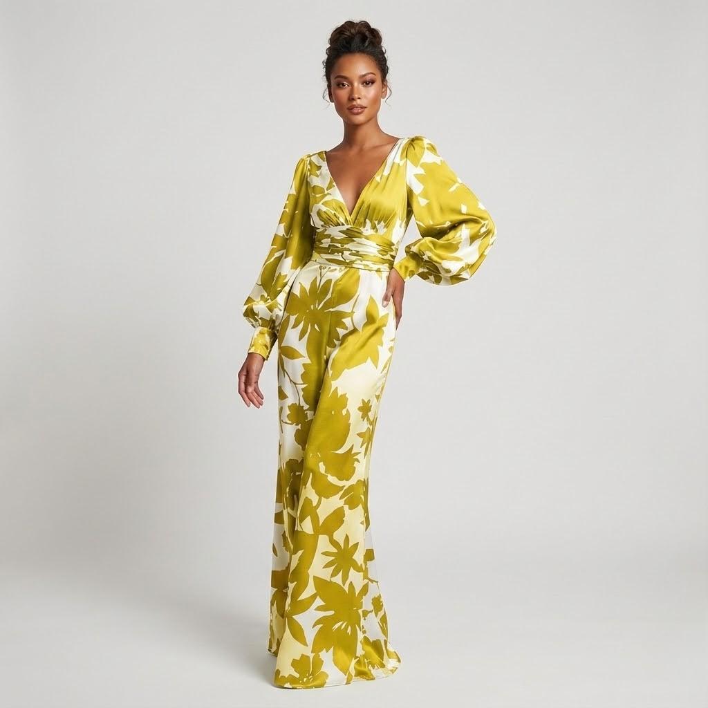 Vestido comprido feminino fluido com decote em V