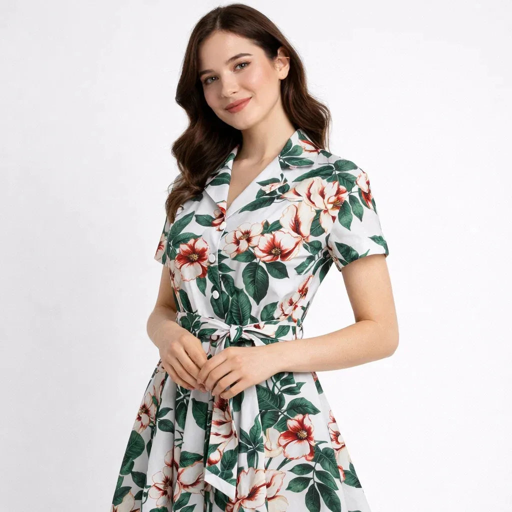 Vestido midi estampado em mistura de algodão | Corte evasé | Elegância floral