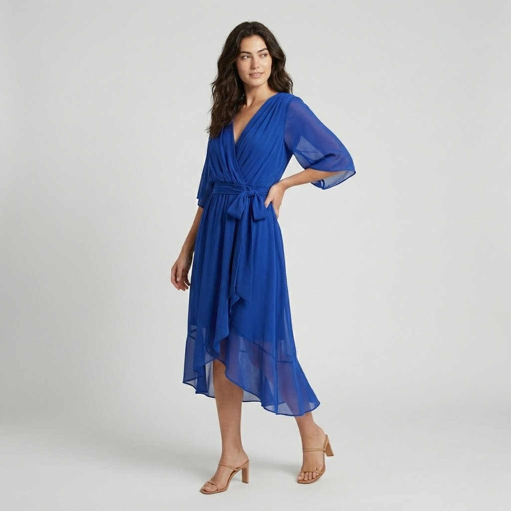 Vestido midi fluido em mistura de viscose | Corte envolvente | Cintura com laço ajustável